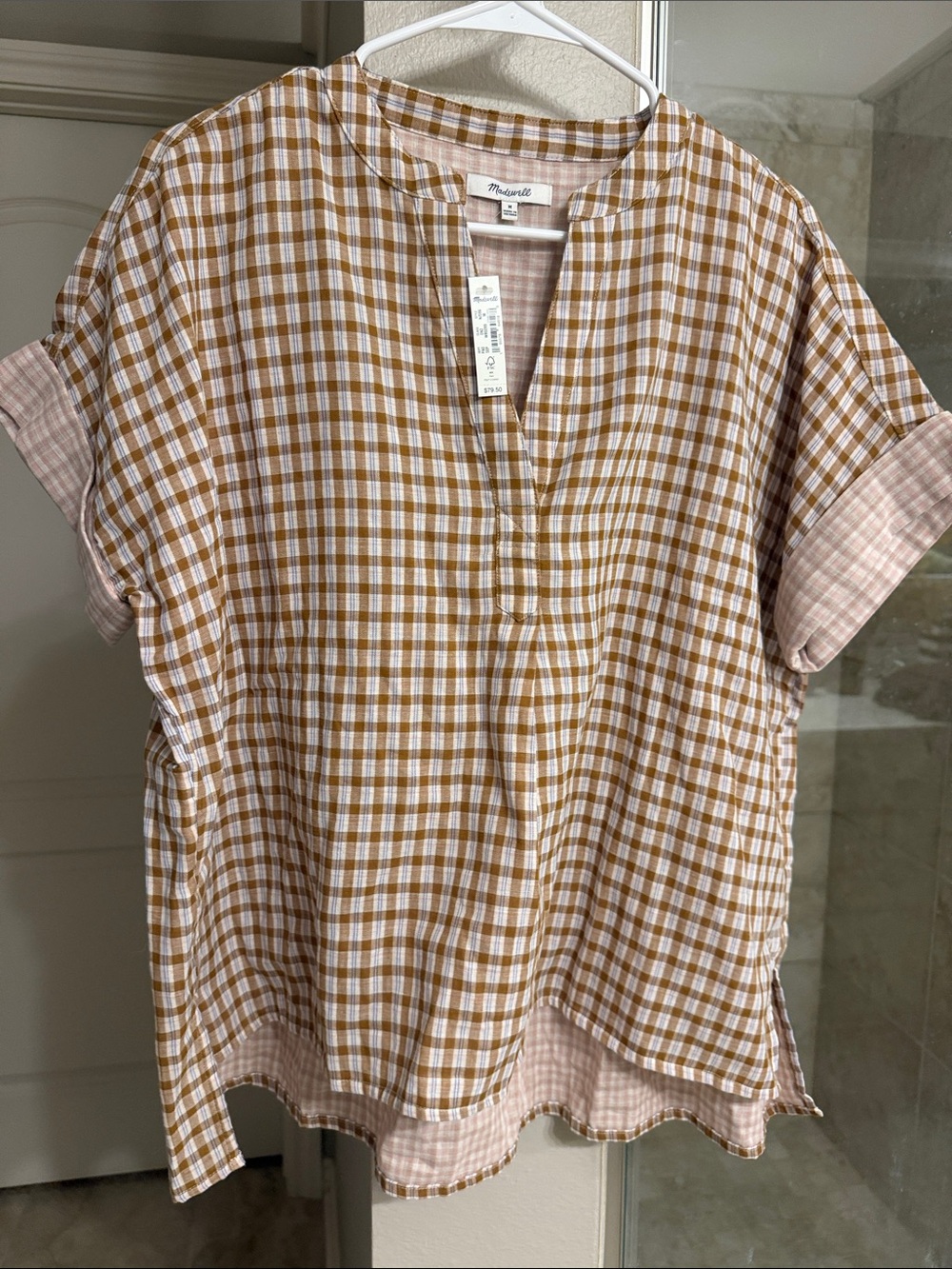 NWT Madewell Tan & Mustard Plaid Split-Neck Tunic
